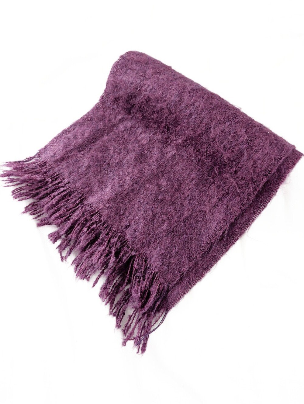 VINTAGE Mohair Wool Scarf Plum Purple Fringe Wrap 64"x12"